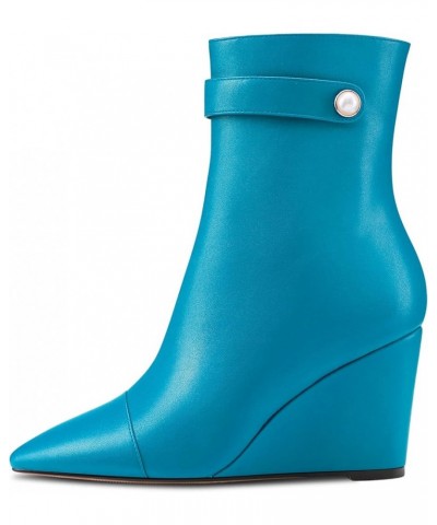 Womens Mid Calf Short Bootie Ankle Boots Pointed Toe Block Chunky Wedge High Heel Suede Dress Shoes Zipper 4 Inch Blue $43.61...