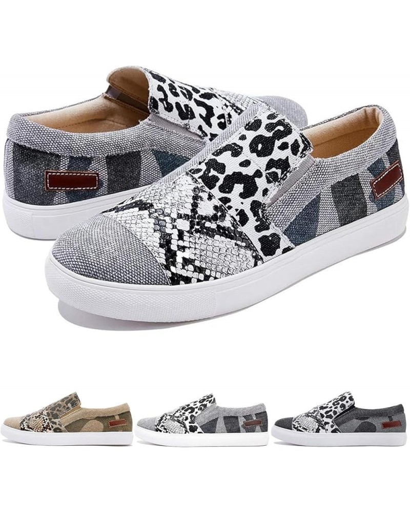 Casual Pieced Raw Edge Animal Print Canvas Slip-On Flats 2024 Women's Orthopedic Comfort Platform Low Top Sneaker Grey $10.33...