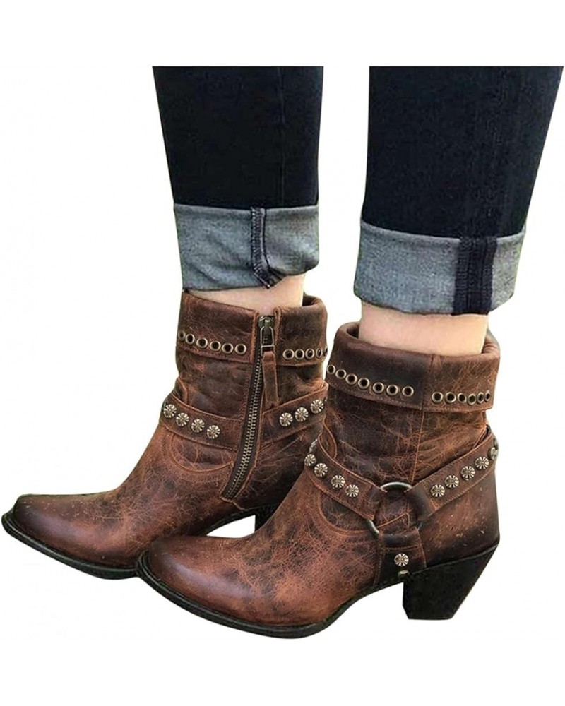 Women's Ankle Bootie,Fashion Vintage Slip on Pointed Toe Mid Heel Booties Thick Heel Western Boots for Women Brown $24.77 Boots