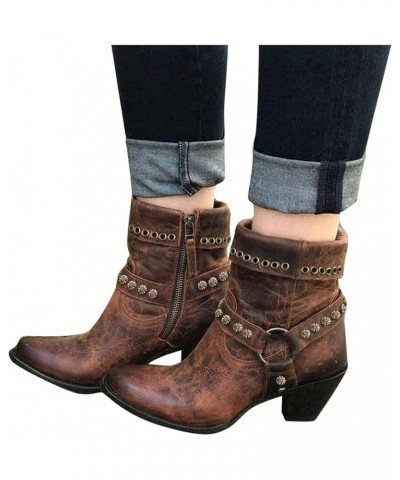 Women's Ankle Bootie,Fashion Vintage Slip on Pointed Toe Mid Heel Booties Thick Heel Western Boots for Women Brown $24.77 Boots