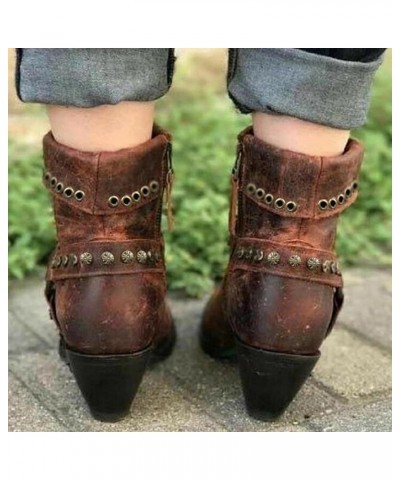 Women's Ankle Bootie,Fashion Vintage Slip on Pointed Toe Mid Heel Booties Thick Heel Western Boots for Women Brown $24.77 Boots