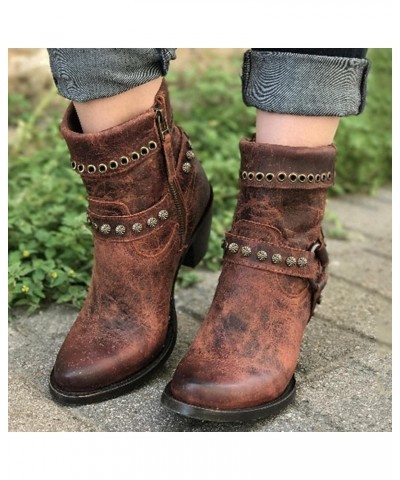 Women's Ankle Bootie,Fashion Vintage Slip on Pointed Toe Mid Heel Booties Thick Heel Western Boots for Women Brown $24.77 Boots