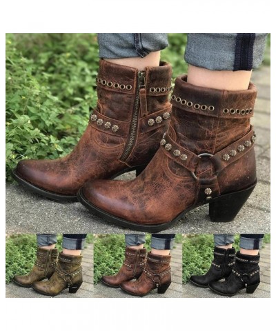 Women's Ankle Bootie,Fashion Vintage Slip on Pointed Toe Mid Heel Booties Thick Heel Western Boots for Women Brown $24.77 Boots