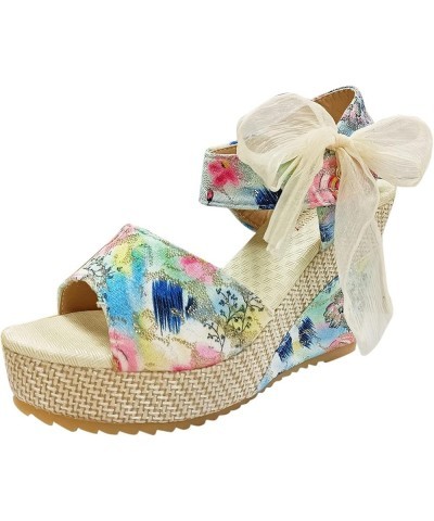 Womens Sandals Comfortable Flower Lace Strappy Espadrilles Wedges Sandals Summer Casual Outdoor Wide Width Sandals Blue $15.1...