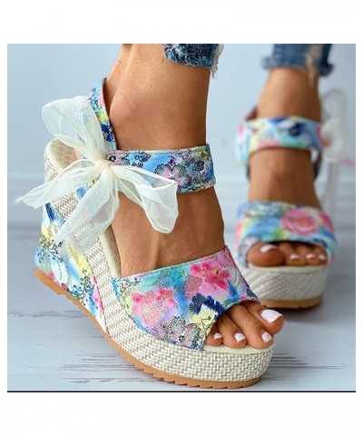 Womens Sandals Comfortable Flower Lace Strappy Espadrilles Wedges Sandals Summer Casual Outdoor Wide Width Sandals Blue $15.1...