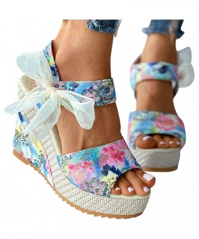 Womens Sandals Comfortable Flower Lace Strappy Espadrilles Wedges Sandals Summer Casual Outdoor Wide Width Sandals Blue $15.1...