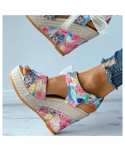 Womens Sandals Comfortable Flower Lace Strappy Espadrilles Wedges Sandals Summer Casual Outdoor Wide Width Sandals Blue $15.1...