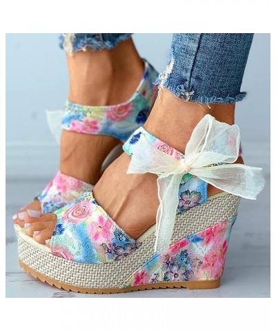 Womens Sandals Comfortable Flower Lace Strappy Espadrilles Wedges Sandals Summer Casual Outdoor Wide Width Sandals Blue $15.1...