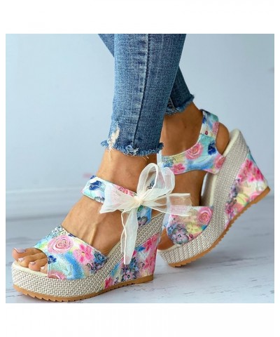 Womens Sandals Comfortable Flower Lace Strappy Espadrilles Wedges Sandals Summer Casual Outdoor Wide Width Sandals Blue $15.1...