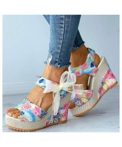 Womens Sandals Comfortable Flower Lace Strappy Espadrilles Wedges Sandals Summer Casual Outdoor Wide Width Sandals Blue $15.1...