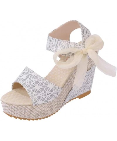 H Sandals for Women Wedges Heel Sandals Floral Flower Lace-up Shoes Footwear Bohemian Sandals for Women Wedge White $12.21 Ou...