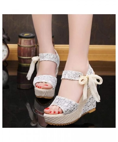 H Sandals for Women Wedges Heel Sandals Floral Flower Lace-up Shoes Footwear Bohemian Sandals for Women Wedge White $12.21 Ou...