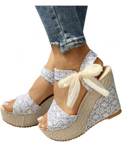 H Sandals for Women Wedges Heel Sandals Floral Flower Lace-up Shoes Footwear Bohemian Sandals for Women Wedge White $12.21 Ou...