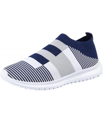 Ladies Fashion Colorblock Mesh Breathable Comfort Soft Sole Flat Casual Womens Slip on Sneaker Blue $12.72 Outdoor Shoes