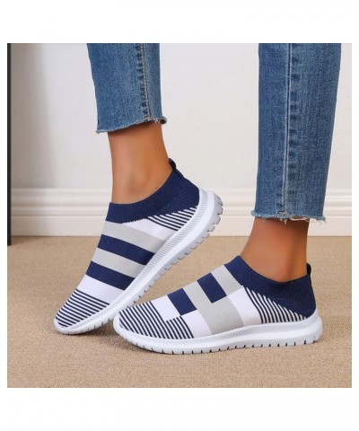 Ladies Fashion Colorblock Mesh Breathable Comfort Soft Sole Flat Casual Womens Slip on Sneaker Blue $12.72 Outdoor Shoes