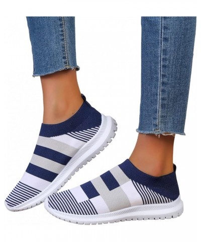 Ladies Fashion Colorblock Mesh Breathable Comfort Soft Sole Flat Casual Womens Slip on Sneaker Blue $12.72 Outdoor Shoes