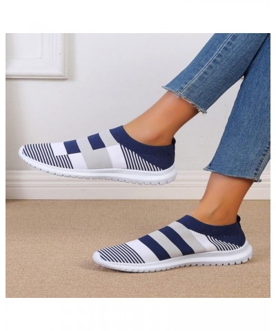 Ladies Fashion Colorblock Mesh Breathable Comfort Soft Sole Flat Casual Womens Slip on Sneaker Blue $12.72 Outdoor Shoes