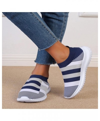 Ladies Fashion Colorblock Mesh Breathable Comfort Soft Sole Flat Casual Womens Slip on Sneaker Blue $12.72 Outdoor Shoes