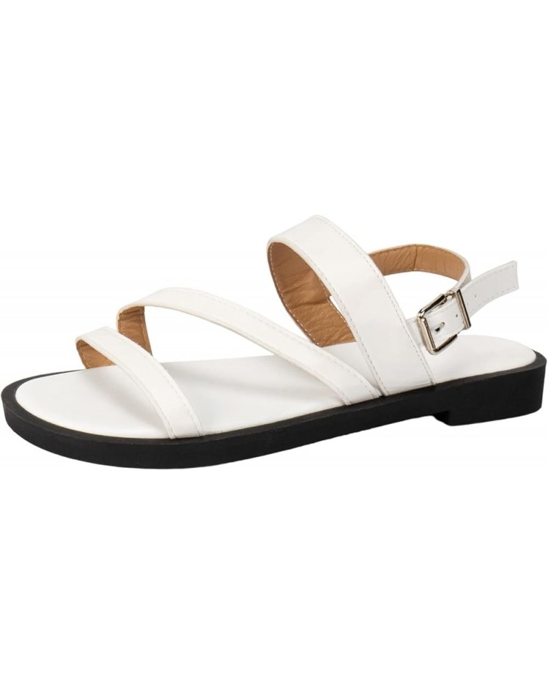 Ladies Summer Retro Solid Color Simple Open Toe Roman Soft Bottom Buckle Strap Large Size Flat Beach Sandals 8.5 White $15.61...