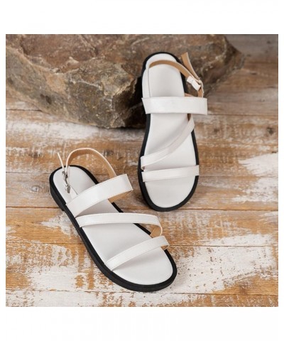 Ladies Summer Retro Solid Color Simple Open Toe Roman Soft Bottom Buckle Strap Large Size Flat Beach Sandals 8.5 White $15.61...