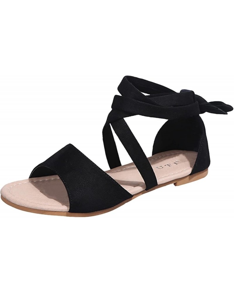 Womens Sandals Fashion Flat Summer Comfy Strappy Sandals Open Toe Dressy Sandals Cut Out Lace Up Slides Black $11.60 Sandals