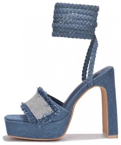 Dannie Light Blue Denim Rhinestone Open Toe Block Heeled Sandals Light Blue $14.08 Sandals