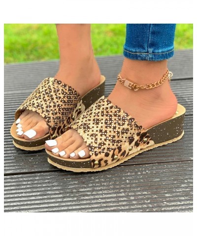 Sandals Women Platform Espadrilles Sandals Wedge Open Toe Cross Strappy Rhinestone Glitter Flip Flops Sandal 171-ixpyn-b-coff...