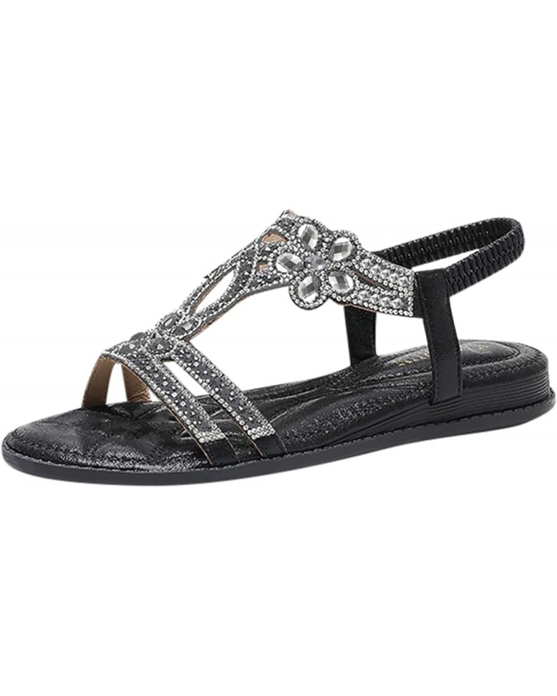 Rhinestone Sandals for Women, Summer Beach Sandals for Women Comfy Open Toe Low Wedge Crystal Beach Sandals Shoes Black $14.4...