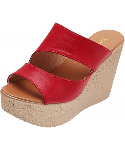 Women's Open Toe Ankle Strap Espadrille Platform Wedge Sandals Solid PU Leather for Women Dressy Indoor Outdoor Red $11.89 Sa...