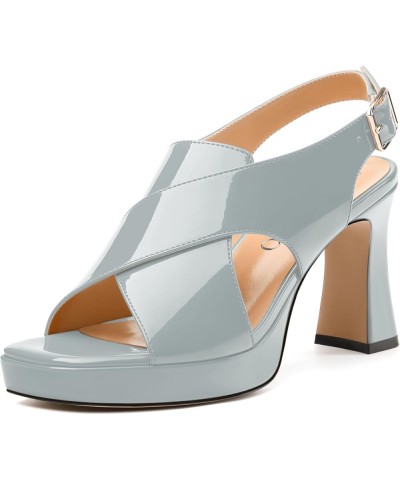 Women's Platform Sandals, Slingback Open Toe Buckle Heels for Women, Fashion Solid Patent High Heel Shoes 3.3 inch Grey Paten...