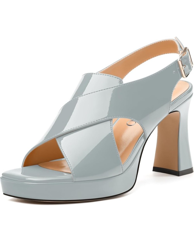 Women's Platform Sandals, Slingback Open Toe Buckle Heels for Women, Fashion Solid Patent High Heel Shoes 3.3 inch Grey Paten...