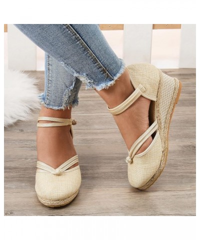 Women Wedges Sandals Open Square Toe Ankle Strap Comfort Soft Flatform Beach Vacation Casual Slip-on Shoe 40-htrns-b-beige $1...