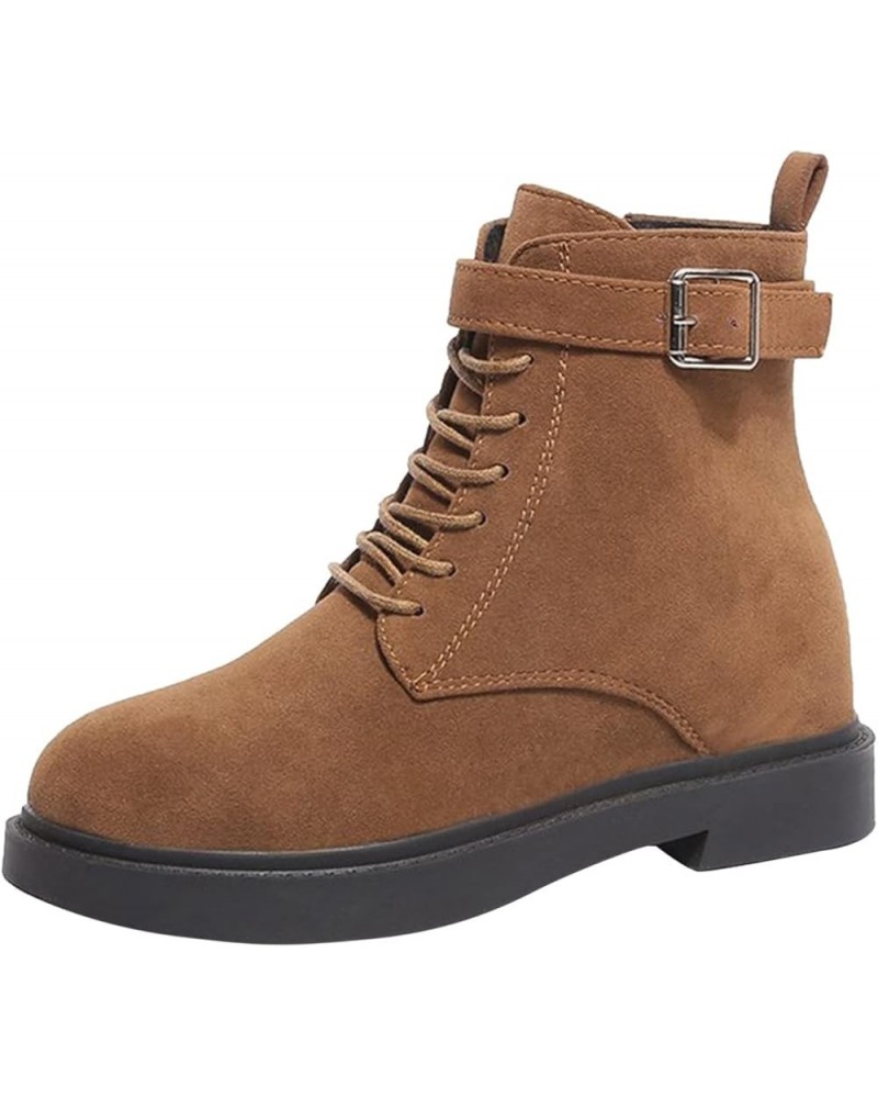 Women's Boots Winter Soft Leather Shoes Female Lace Up Belt Buckle Short Boots Et1-brown $27.34 Boots