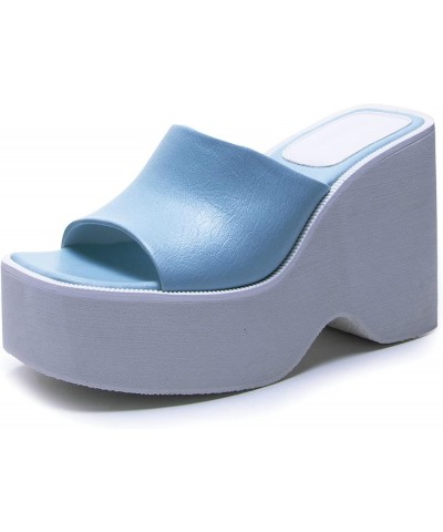 Women Open Toe Platform Slides Block Heel Mules Wedges High Heel Slippers Light Blue $22.53 Mules & Clogs