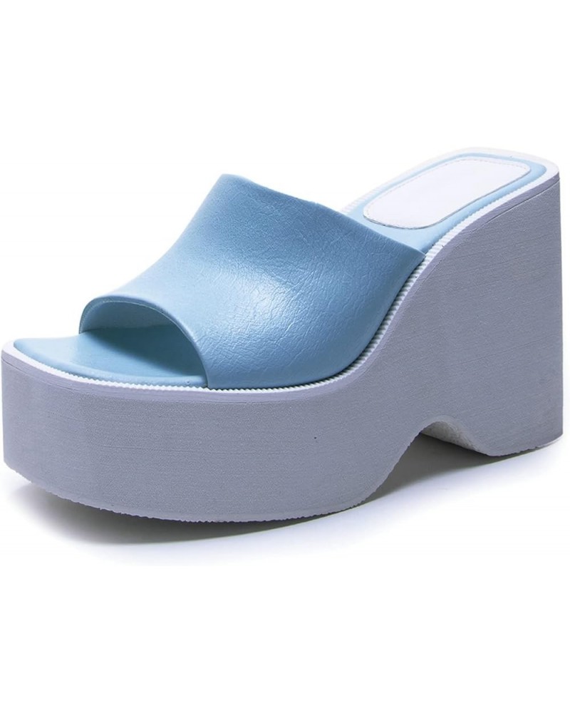 Women Open Toe Platform Slides Block Heel Mules Wedges High Heel Slippers Light Blue $22.53 Mules & Clogs