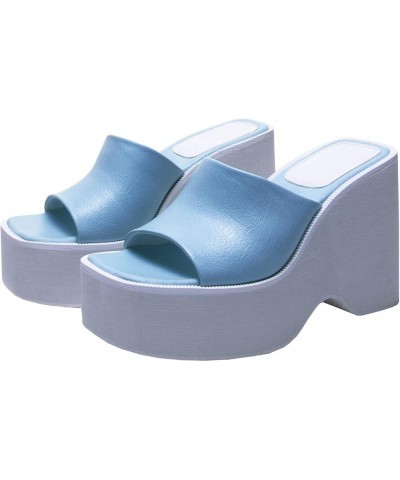 Women Open Toe Platform Slides Block Heel Mules Wedges High Heel Slippers Light Blue $22.53 Mules & Clogs