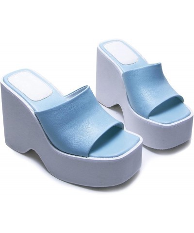 Women Open Toe Platform Slides Block Heel Mules Wedges High Heel Slippers Light Blue $22.53 Mules & Clogs