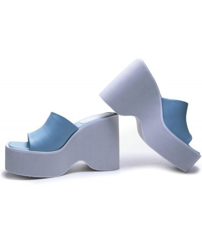 Women Open Toe Platform Slides Block Heel Mules Wedges High Heel Slippers Light Blue $22.53 Mules & Clogs