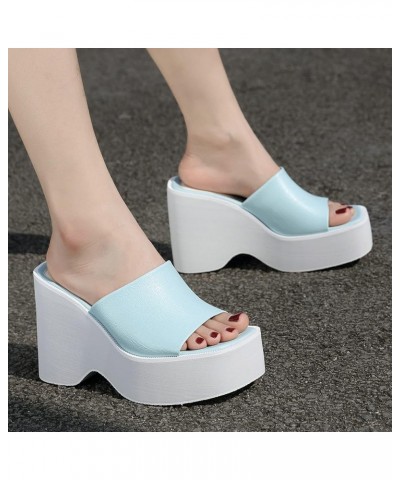 Women Open Toe Platform Slides Block Heel Mules Wedges High Heel Slippers Light Blue $22.53 Mules & Clogs