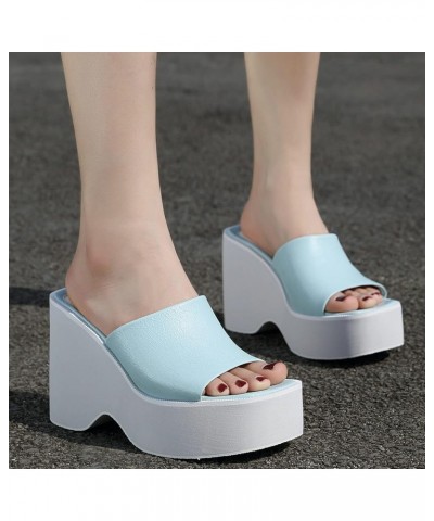 Women Open Toe Platform Slides Block Heel Mules Wedges High Heel Slippers Light Blue $22.53 Mules & Clogs