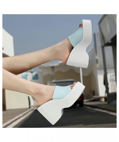 Women Open Toe Platform Slides Block Heel Mules Wedges High Heel Slippers Light Blue $22.53 Mules & Clogs