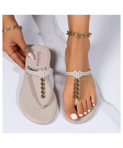 Ladies Retro Casual Beaded Flat Bottom Clip Toe Beach Large Size Sandal Slippers Wide Sandals for Women Khaki $23.19 Loafers ...