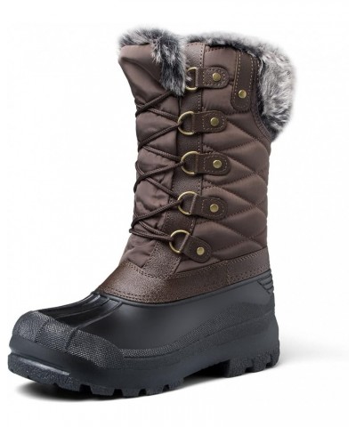 Women's Snow Boots Warm Insulated Faux Fur Lined Waterproof Mid-Calf Winter Boots Brown Grid $28.79 Outdoor Shoes