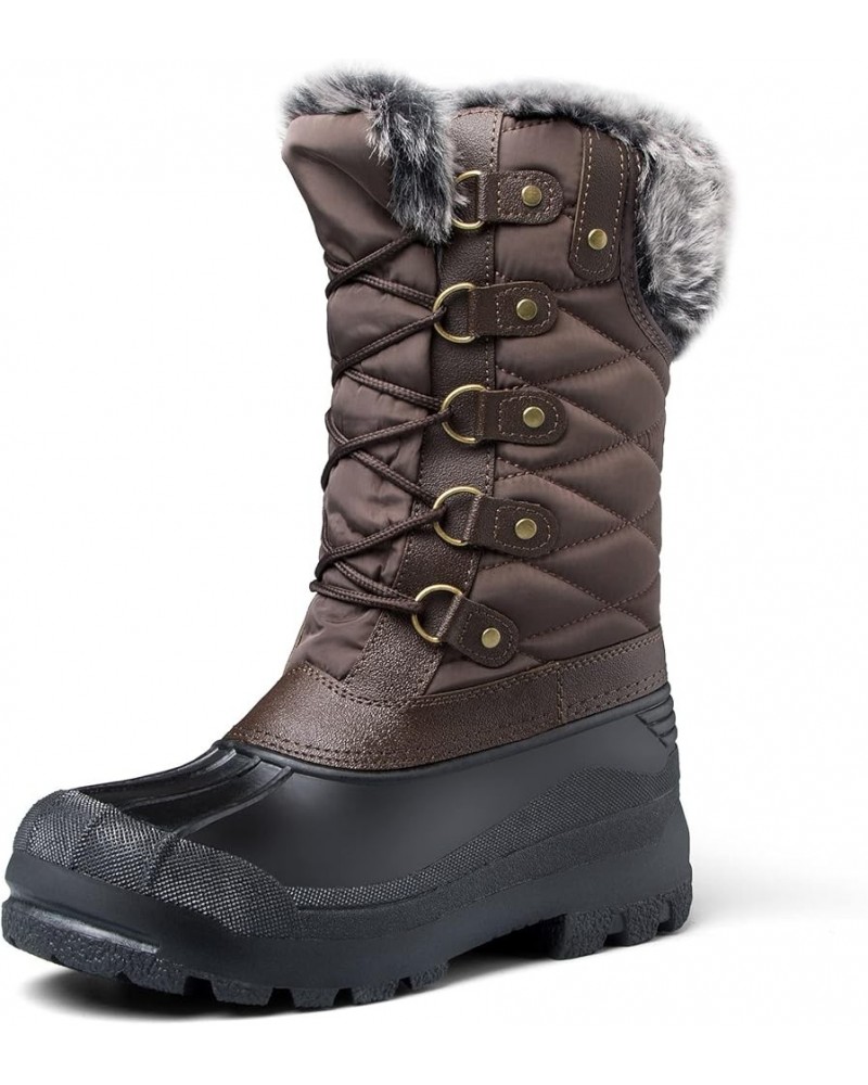 Women's Snow Boots Warm Insulated Faux Fur Lined Waterproof Mid-Calf Winter Boots Brown Grid $28.79 Outdoor Shoes