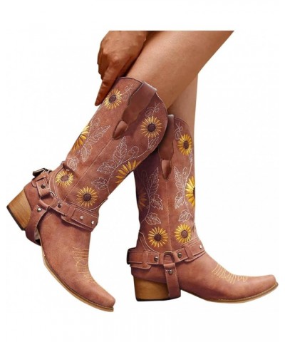 Women Sunflower Embroidered Cowgirl Boots Square Toe Retro Western Boots Chunky Heels Pull On Mid Calf Booties Brown $23.52 B...