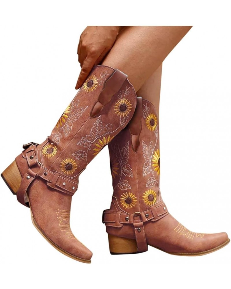 Women Sunflower Embroidered Cowgirl Boots Square Toe Retro Western Boots Chunky Heels Pull On Mid Calf Booties Brown $23.52 B...