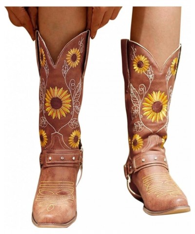 Women Sunflower Embroidered Cowgirl Boots Square Toe Retro Western Boots Chunky Heels Pull On Mid Calf Booties Brown $23.52 B...