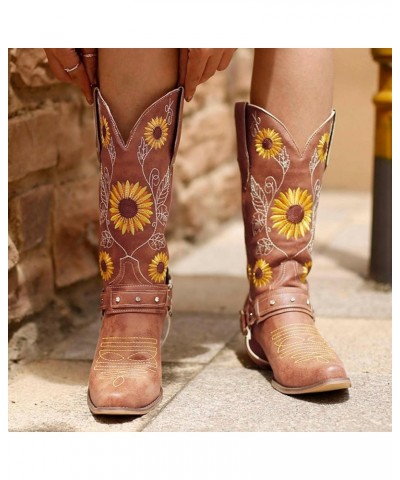 Women Sunflower Embroidered Cowgirl Boots Square Toe Retro Western Boots Chunky Heels Pull On Mid Calf Booties Brown $23.52 B...