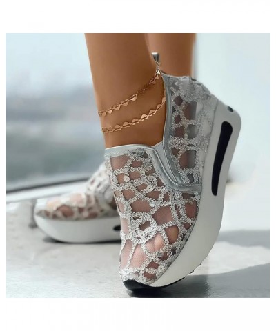 Ladies Fashion Breathable Knitted Mesh Pointed Flat Bottomed Casual Single Shoes Women Shoes Summer Wedge (Silver, 6.5) 9 Sil...