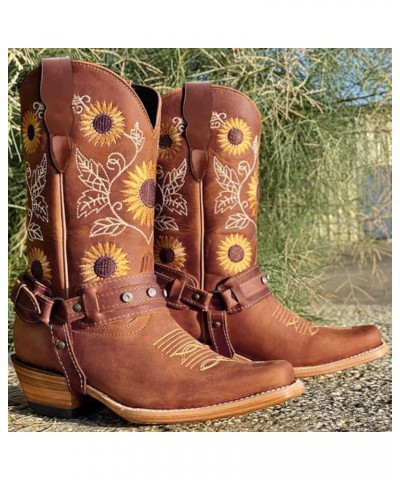 Women Sunflower Embroidered Cowgirl Boots Square Toe Retro Western Boots Chunky Heels Pull On Mid Calf Booties Brown $23.52 B...